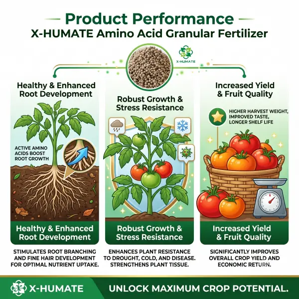 X-HUMATE Amino Acid Granular Fertilizer Product Performance - Root Development, Stress Resistance, Increased Yield