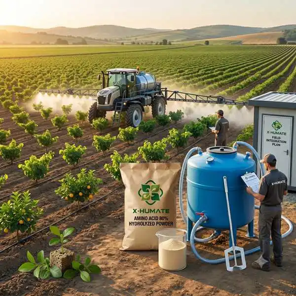 Water soluble amino acid powder fertilizer application, showing foliar spray tractor and drip irrigation mixing tank on high-yield cash crop farm.