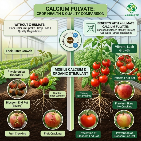 Calcium fulvate crop health and quality comparison infographic by X-HUMATE