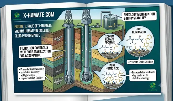 Technical Diagram Showing Sodium Humate Filtration Control and Wellbore Stabilization Mechanism in Drilling Fluid