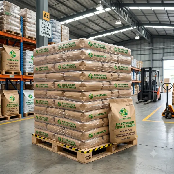 X-HUMATE Bio Potassium Fulvate Powder 25kg bags neatly stacked on a wooden pallet wrapped in plastic film inside a modern chemical warehouse for bulk logistics shipment