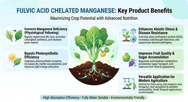 The natural chelation properties of fulvic acid prevent manganese ions Mn2+ from being fixed by soil particles, ensuring stable and highly efficient absorption by plant roots.