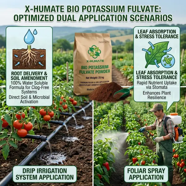 Detailed visual Infographic showing dual application scenarios of X-HUMATE Bio Potassium Fulvate Powder: Drip Irrigation System (left) and Foliar Spray Application with motorized sprayer (right), set in a thriving vegetable garden. Includes technical diagram of root delivery and soil amendment efficacy.