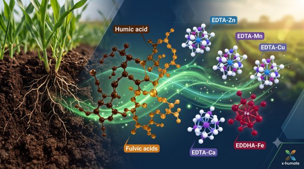 Widescreen banner image illustrating the synergy in the soil between x-humate EDTA and EDDHA chelated fertilizers and humic/fulvic acid liquid, showing glowing molecular particles moving towards vibrant crop roots for maximum absorption.