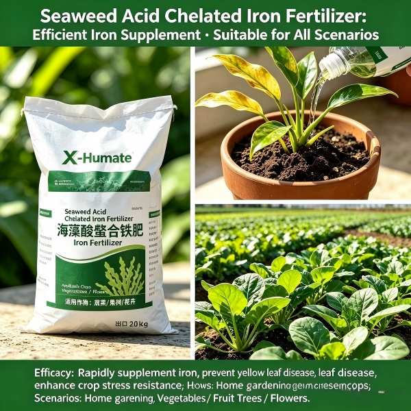 Applying organic iron fertilizer to citrus trees for nutrient deficiency correction.