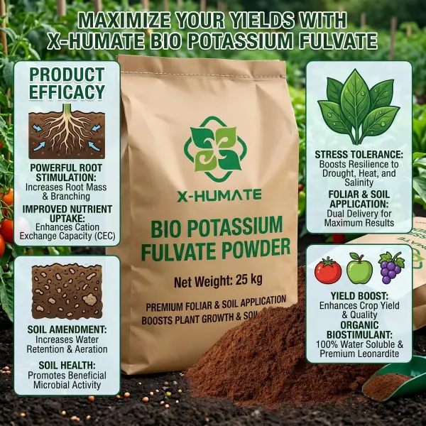 Infographic displaying X-HUMATE Bio Potassium Fulvate powder fertilizer benefits including root growth stimulation, soil amendment, stress tolerance, and crop yield boost