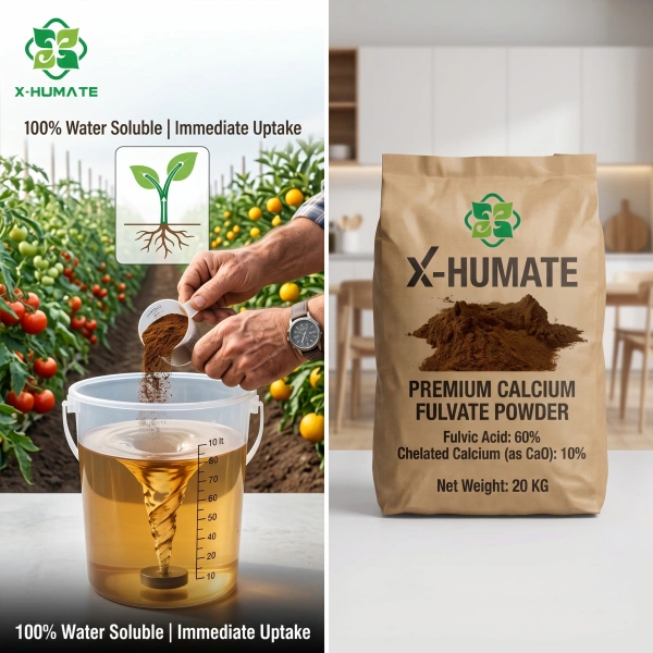Chelated calcium fulvate water solubility test 100 percent instant dissolution