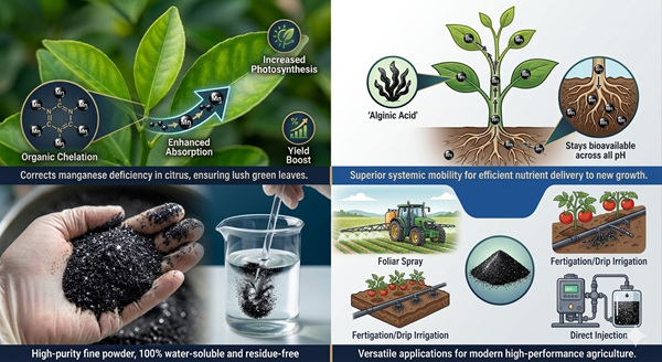 X-humate Bioactive Seaweed Chelated Manganese fertilizer product guide infographic. Illustrates enhanced nutrient absorption in leaves, systemic mobility in plants, product solubility, and versatile application methods like foliar spray and fertigation.
