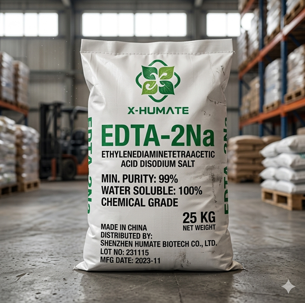 25kg X-humate EDTA-2Na chemical grade packaging bag in warehouse, ethylenediaminetetraacetic acid disodium salt powder for industrial and agricultural use.