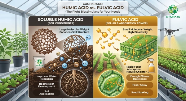 X-Humate infographic comparing Soluble Humic Acid soil conditioning and Fulvic Acid foliar spray for global crop success.
