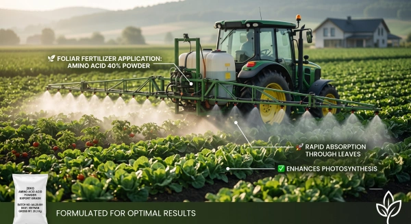 Tractor Sprayer Applying Foliar Fertilizer Biostimulant Amino Acid 40% Powder Mist to Vegetable Crops