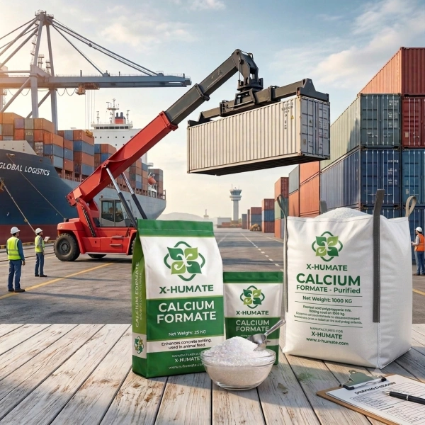 Global export of X-HUMATE Calcium Formate in 25kg bags and 1000kg jumbo bags at shipping port