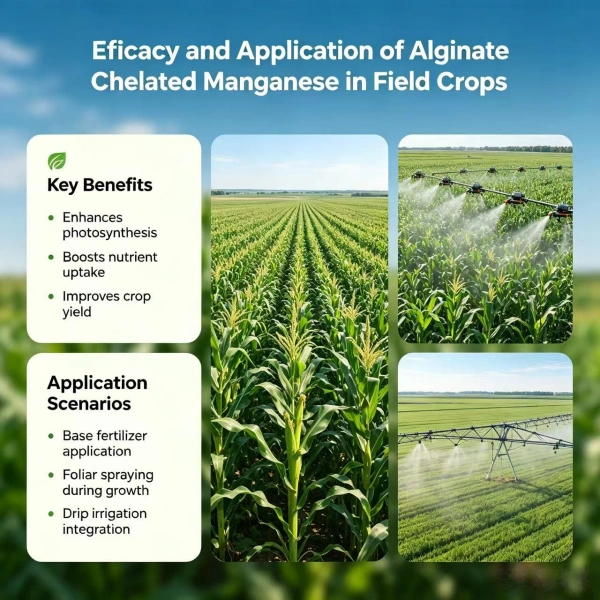 Multifaceted display of Seaweed Chelated Manganese application methods: Foliar Spray, Fertigation (Drip Irrigation), and Direct Injection. Includes an close-up of the green granular product for professional high-performance agriculture.