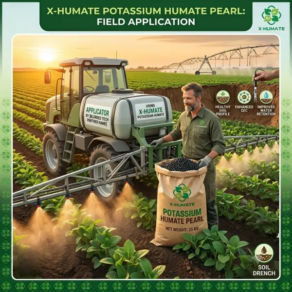 X-HUMATE potassium humate pearl field application scene, featuring a modern tractor spraying foliar fertilizer on green crops, drip irrigation system, and a 25kg packaging bag.