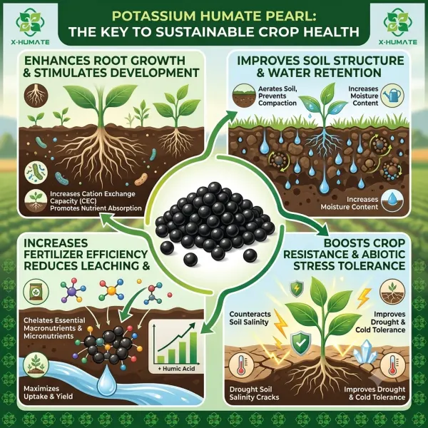 X-HUMATE potassium humate pearl agricultural benefits infographic, showcasing root growth enhancement, soil structure improvement, water retention, fertilizer efficiency, and crop abiotic stress tolerance.