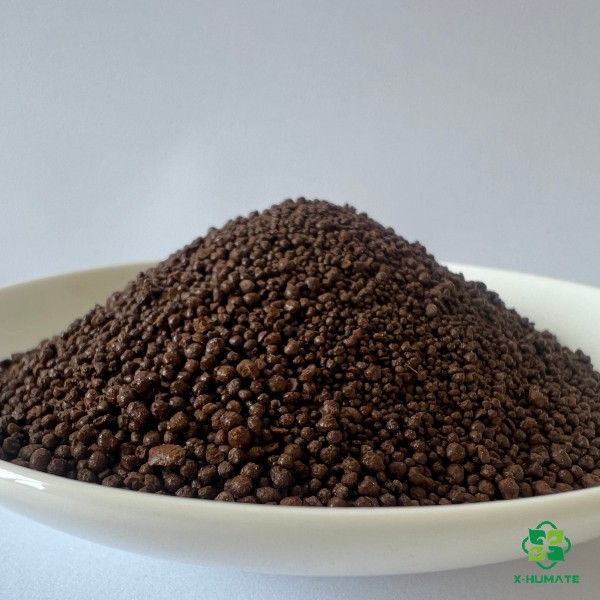 1-2mm Uniform Fulvic Acid Granular Appearance - X-HUMATE Close-up shot of 1-2mm uniform black potassium fulvate granular with 100% water solubility profile.