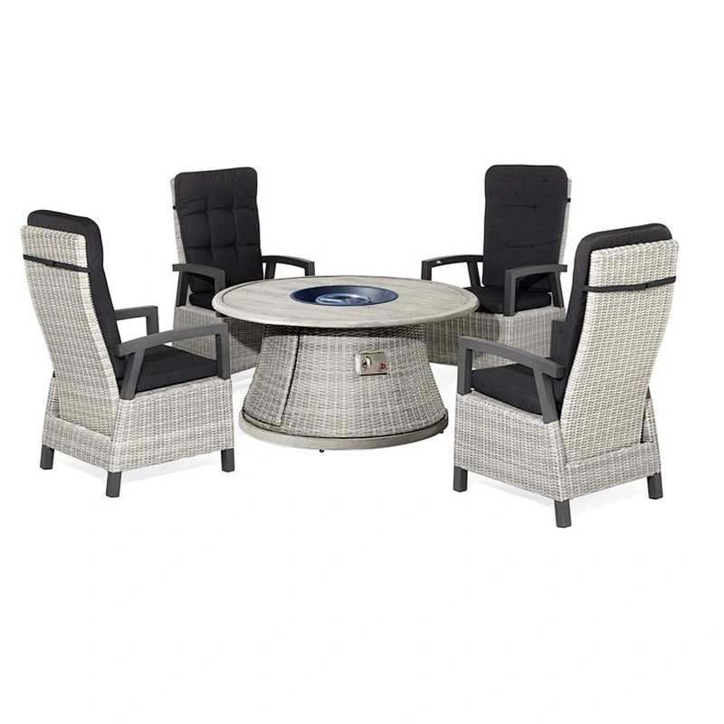 Adjustable back wicker chair with fire pit table