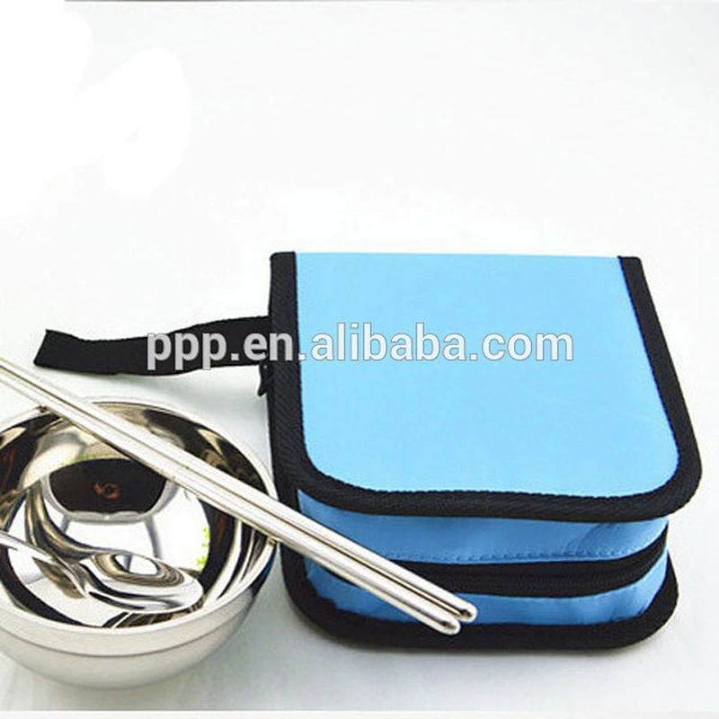 Outdoor Camping Portable Stainless Steel Cloth Bag Tableware Set 1 Spoon and 2 pairs Chopsticks With One Rice Bowl