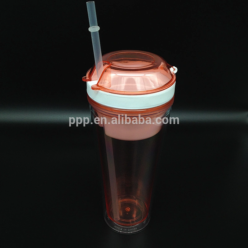food grade BPA free logo customized double wall plastic Factory Cheap 500ml Disposable Snack Drink Cup with Straw