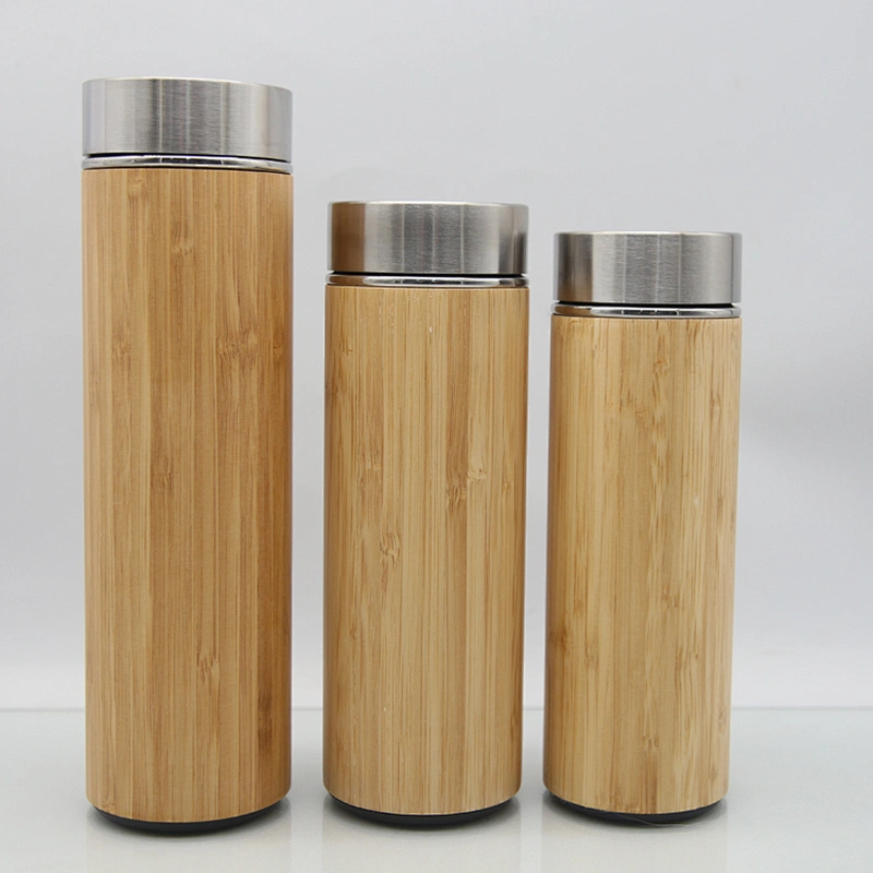 350ml/450ml/500ml inner stainless steel outer bamboo wood shell vacuum insulated water  bottle plastic and stainless steel base