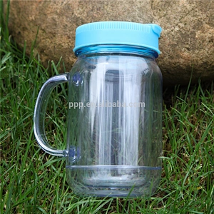 450ml double wall clear plastic logo customized mason jar with fixed handle and flip top lid/BPA free
