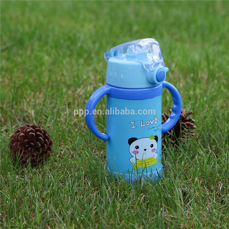 350ml double wall stainless steel logo customized kid's tumbler with wrist straw and handle/push type switch/100% leakproof