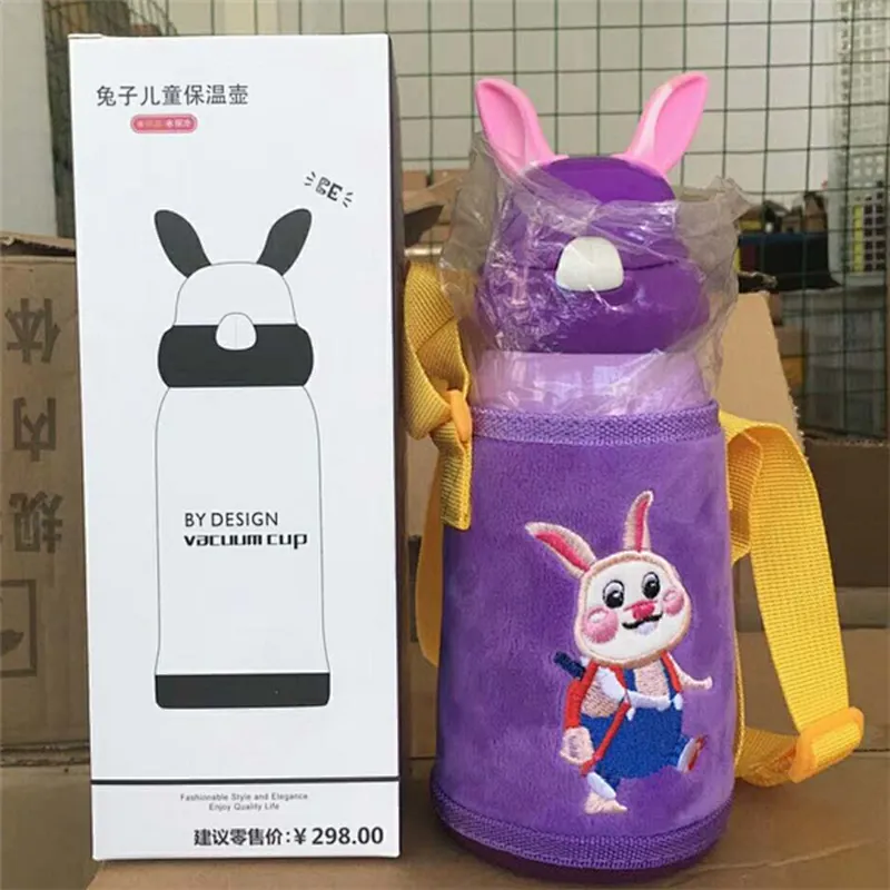 High Qulaity New Design Rabbit Cartoon SUS316 Double wall stainless steel Vacuum insulated children water bottle silicone straw