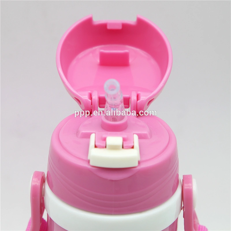 Pink heat transfer double wall stainless steel vacuum water bottle with strap and straw for girl