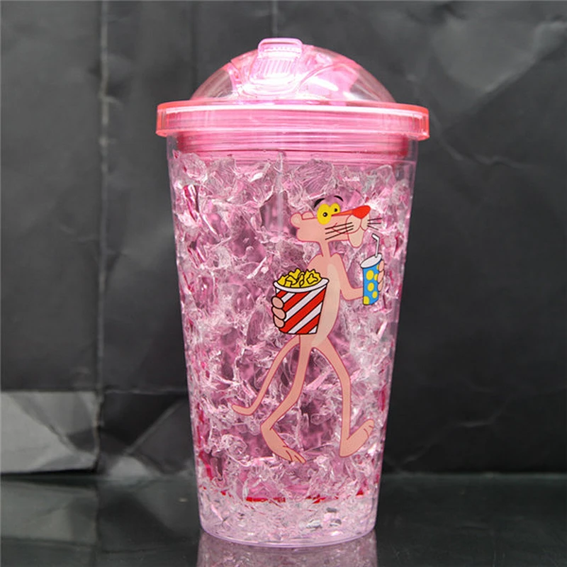 500ml Hot sell pink color ice cube tumbler cute leopard cartoon ice fruit juice bottle