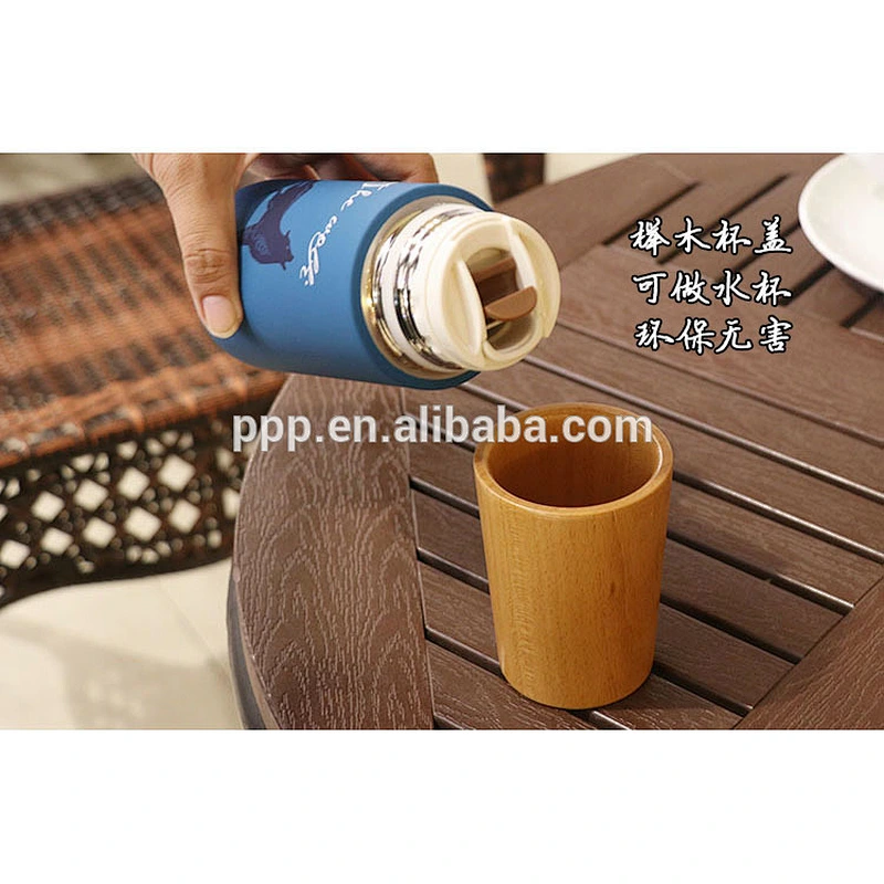 Double wall stainless steel heat transfer vacuum water bottle with wooden lid