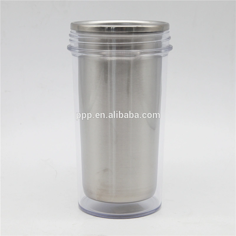 BPA free double wall inner stainless steel outer clear plastic auto mug without handle