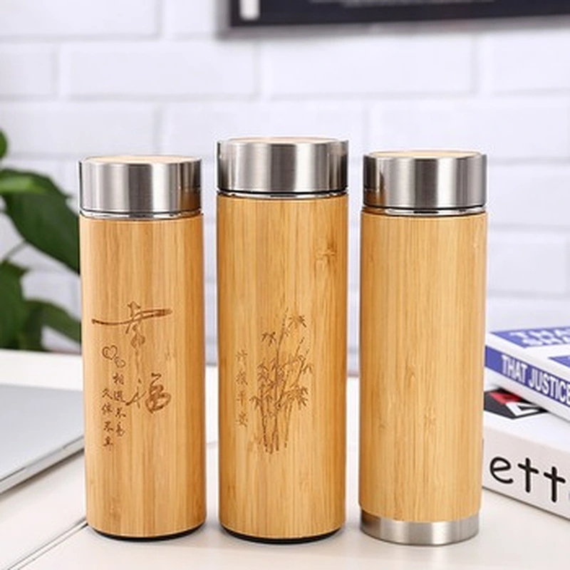 Good quality  stainless steel vacuum insulated bottle with bamboo body and lid plastic base
