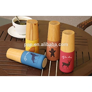 Double wall stainless steel heat transfer vacuum water bottle with wooden lid
