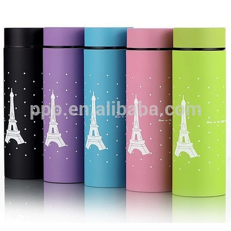 260ml factory direct wholesale double wall Stianlss steel colored water bottle with cute aiffel tower design and straight body