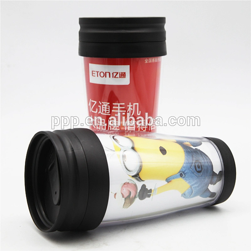 450ml Promotion Drawing Brochure ADs Auto Plastic Double Wall Water Bottle Insulated Coffee Cup With Slide Lid Cheap Price