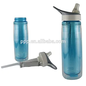 Double wall plastic water bottle with handle and straw