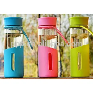 single wall borosilicate glass water tumbler with cover/clear body/portable with fixed silicon handle