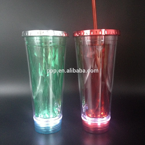 20oz LED Double Wall plastic tumbler with straw, light on the bottom light up mug
