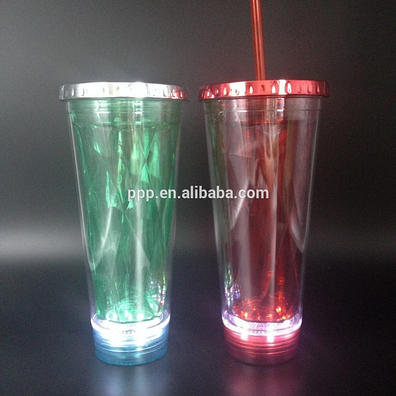 20oz LED Double Wall plastic tumbler with straw, light on the bottom light up mug