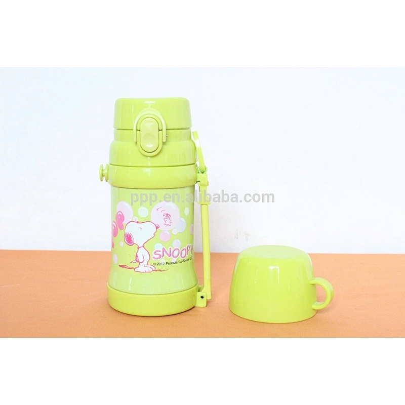 260ml colored BPA free double wall stainless steel kid's feeding bottle with cute snoppy design and flip top
