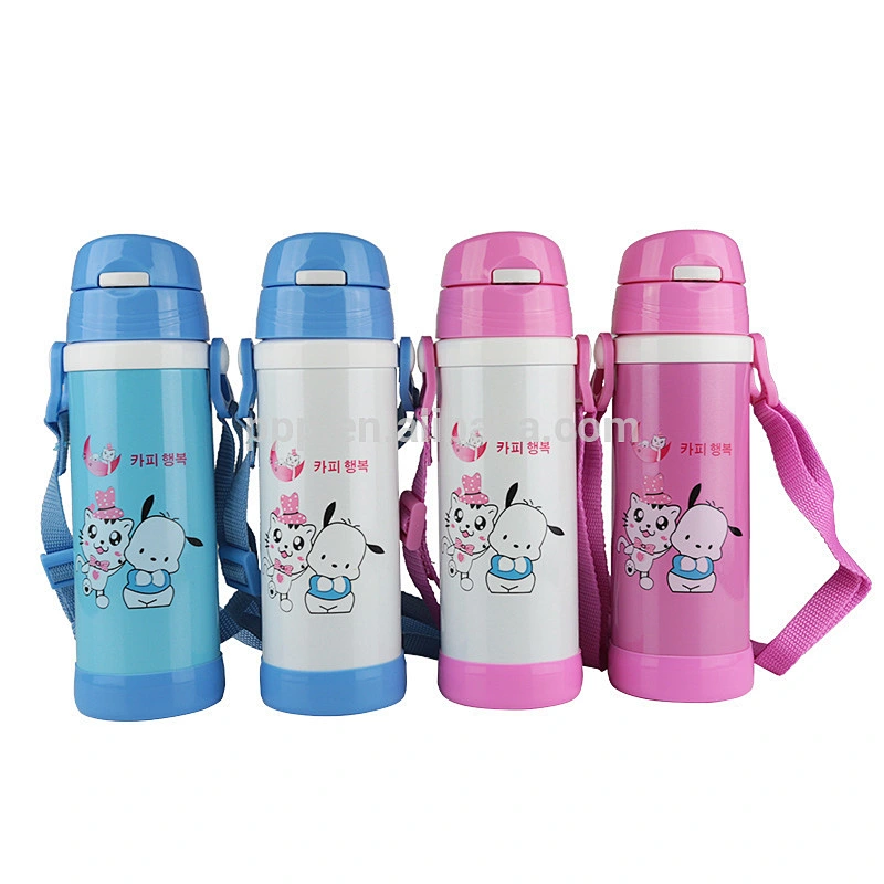 500ml double wall stainless steel logo customized kid's bottle with wrist straw and handle/cute design/100% leakproof
