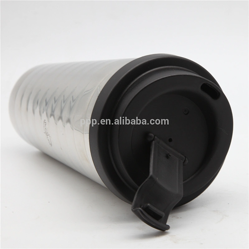 factory wholesale 450ml inner plastic outer stainless steel auto mug with wide mouth/travel mug with flip top lid