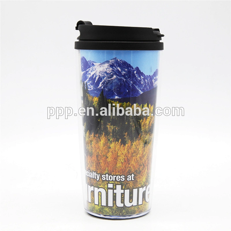 Fashion 450ml Standard Double Wall PP New Material Promotional AD Insulated Auto Mug With Inserted Drawing Paper Anti Proof Lid
