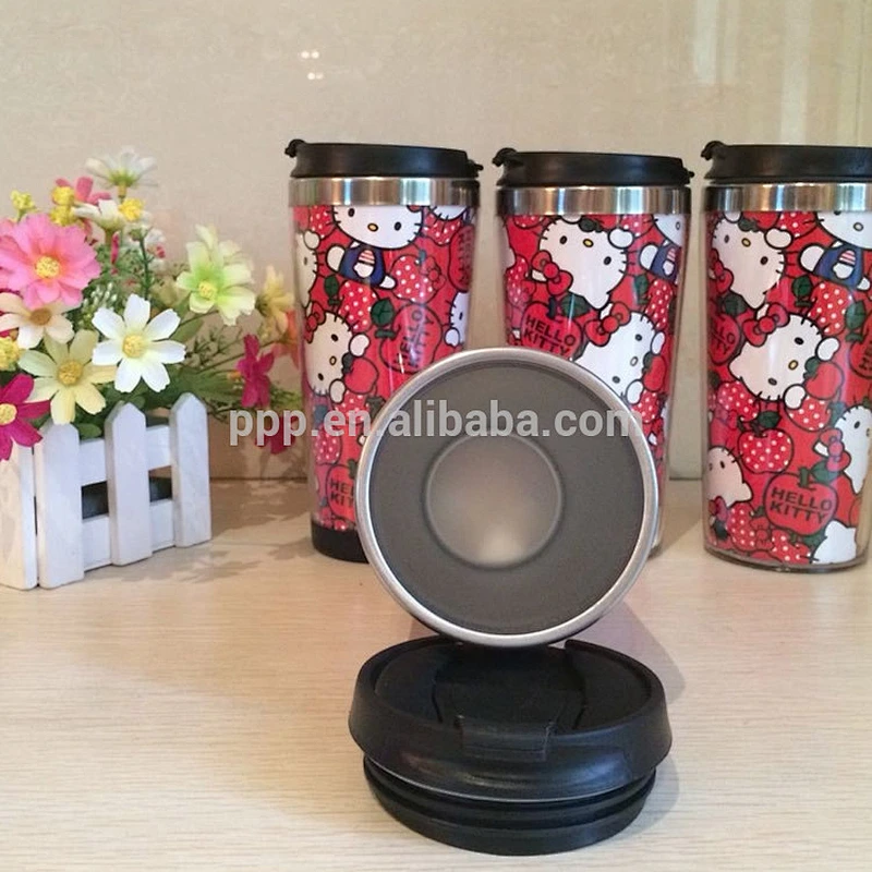 eco-friendly inner stainless steel outer plastic 100% leakproof auto mugs with detachable bottom and flip top lid/cute design