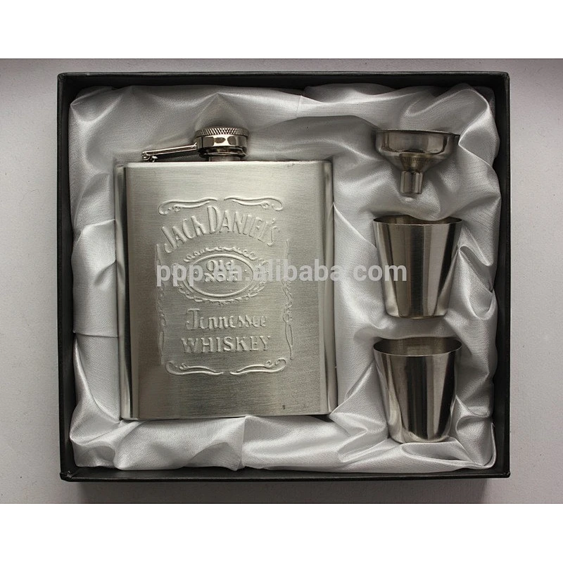 6oz embossed mini flask set with funnel and cups gift box packing hip flask set 18-8 stainless steel hip flask set Pb free
