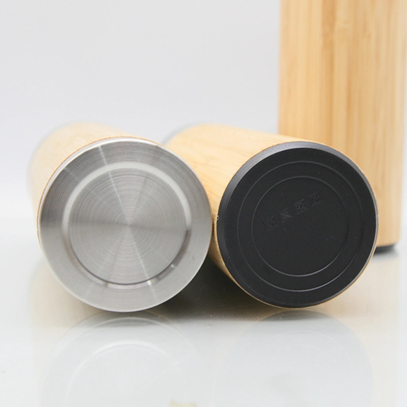350ml/450ml/500ml inner stainless steel outer bamboo wood shell vacuum insulated water  bottle plastic and stainless steel base