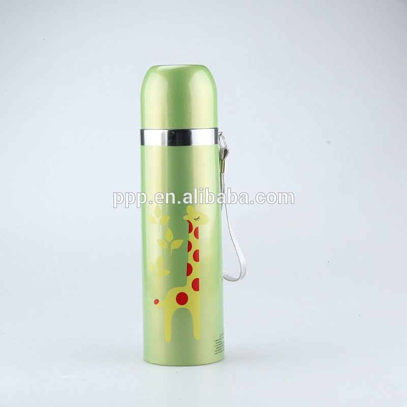 Double wall stainless steel vacuum flask with heat transfer printing and strap