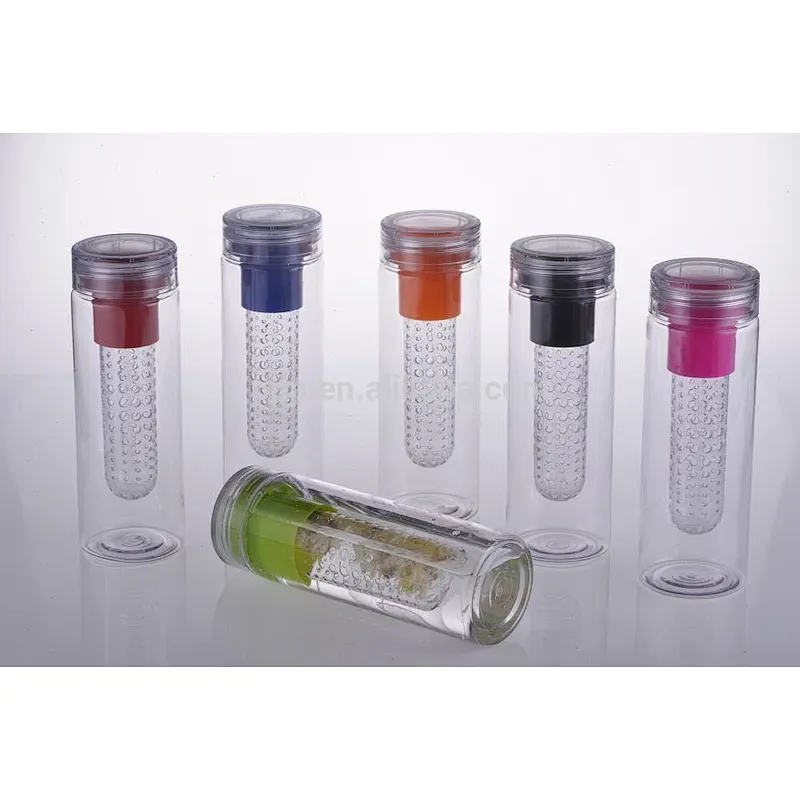 800ml eco-friendly BPA free single wall plastic bottle with filter candle and fixed handle/colored fruit bottle
