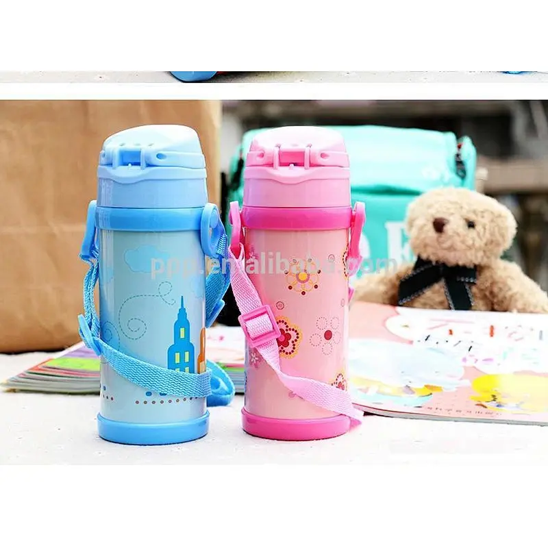 500ml double wall stainless steel logo customized kid's bottle with wrist straw and handle/cute design/100% leakproof