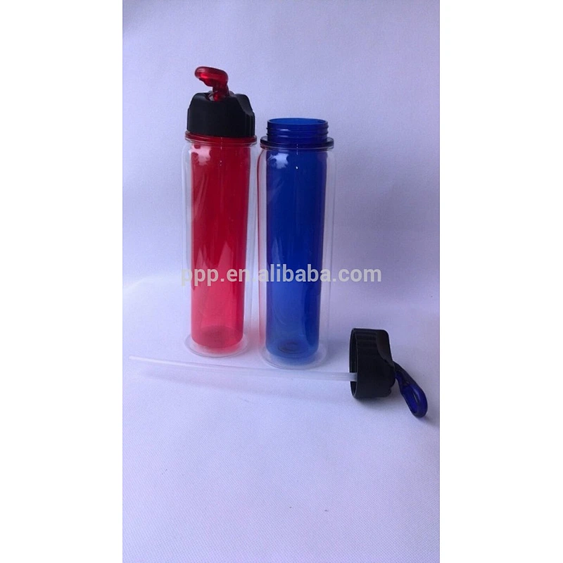 450ml food grade BPA free factory direct wholesale logo customized double wall plastic bottle with straw and fixed handle
